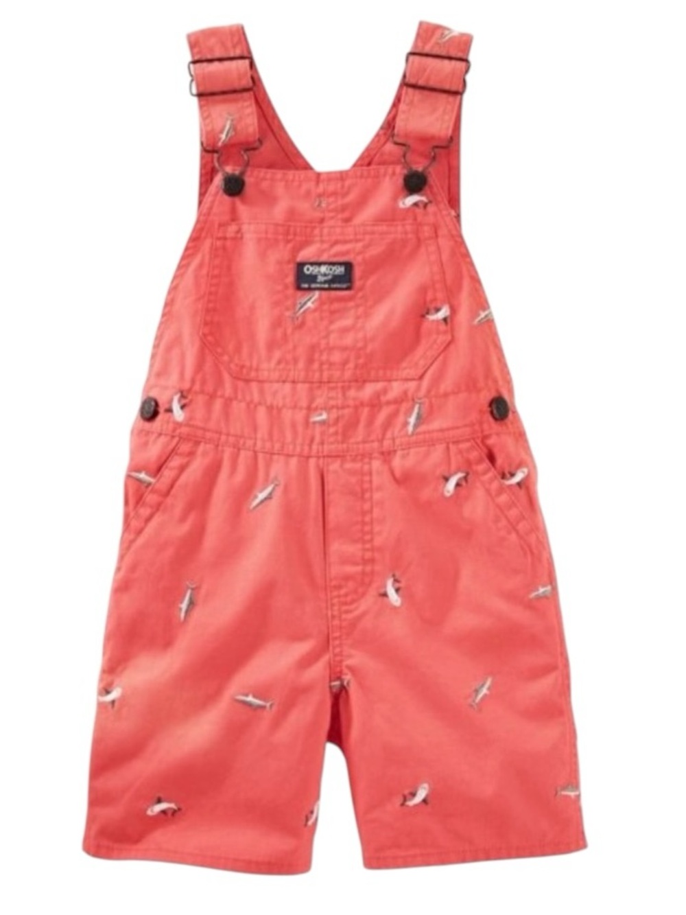 Oshkosh B’gosh Baby Salmon Red Shortalls Embroidered Sharks Overalls Size 12m